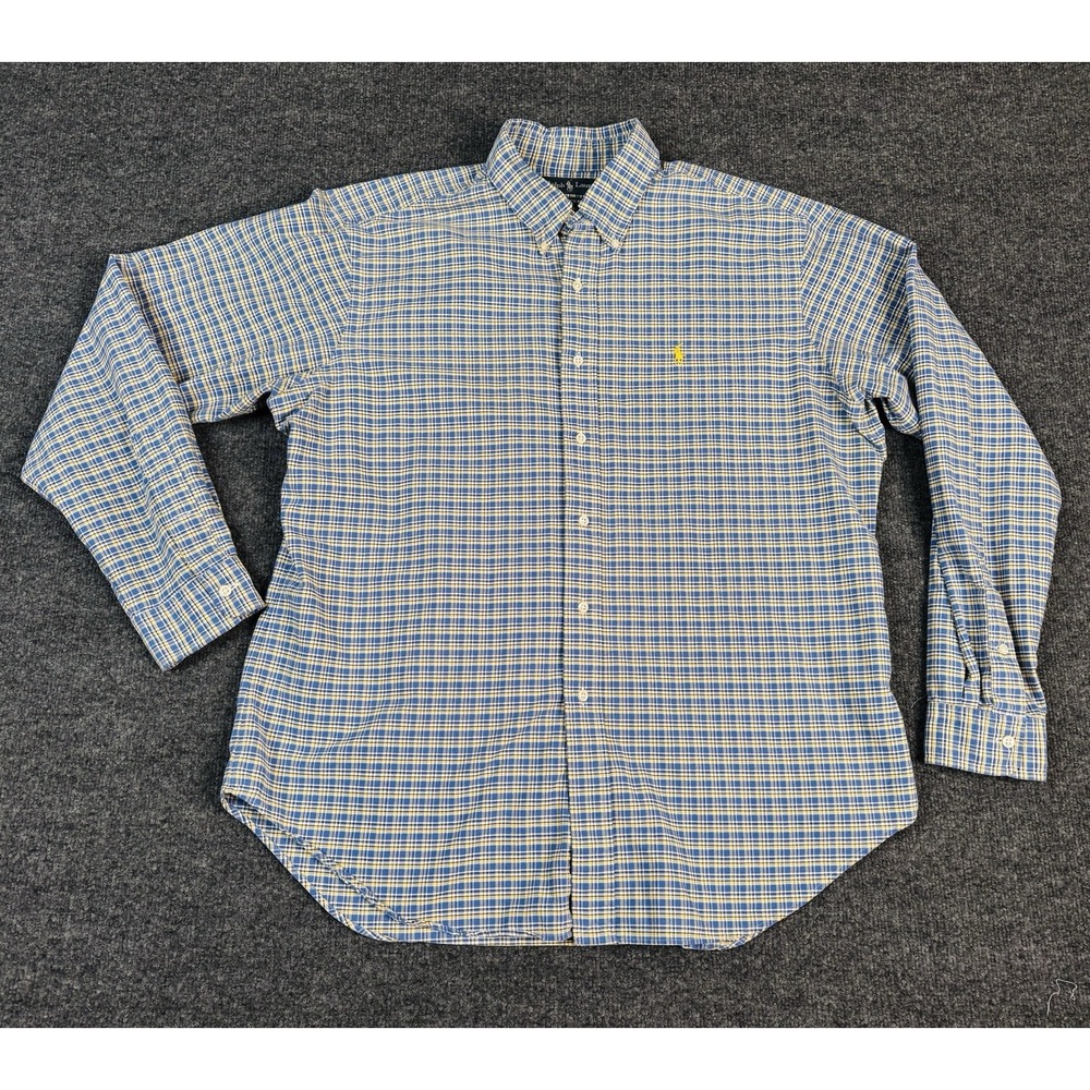 Ralph Lauren Shirt Mens XL Long Sleeve Blue Yellow Plaid Classic Fit EUC